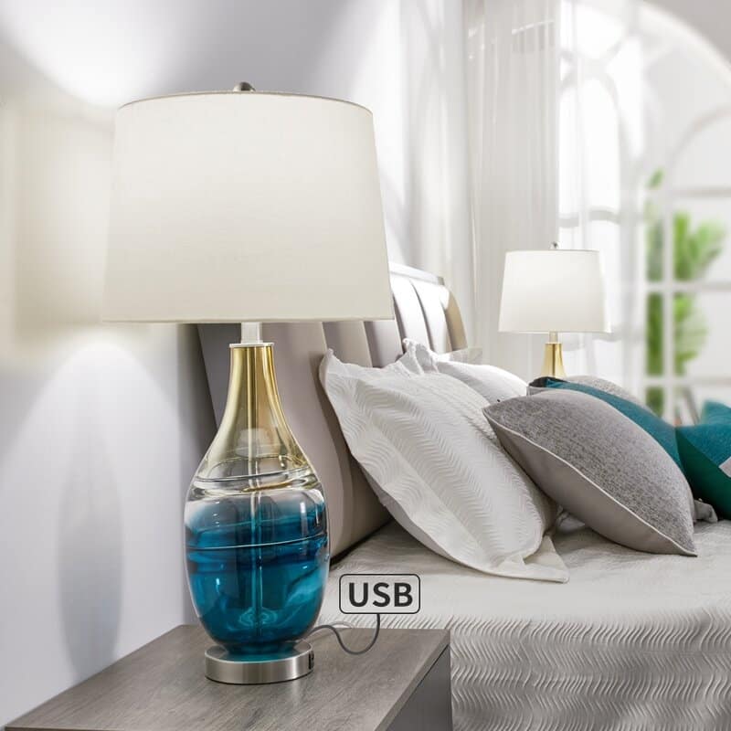 27.37" Blue Table Lamp Set with USB (Set of 2)