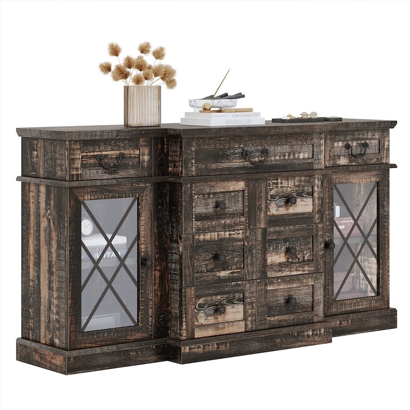 Farmhouse TV Stands Buffet Sideboard with 9 Drawers Cabinet Dark Oak - 58 inches