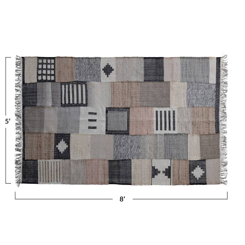 Wool and Jute Blend Patchwork Rug - 96.0"L x 60.0"W x 0.5"H - 96.0"L x 60.0"W x 0.5"H