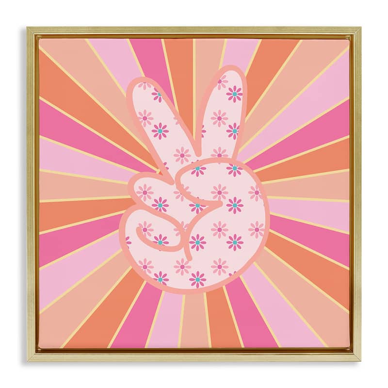 Stupell Beaming Peace Sign Hand Framed Floater Canvas Wall Art Design By Jesse Keith - 18 x 18 - Gold