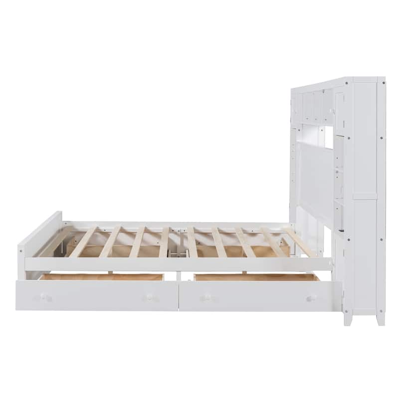 Queen Size Wooden Bed with Built-in Outlets, Storage Drawers, and Shelves, White