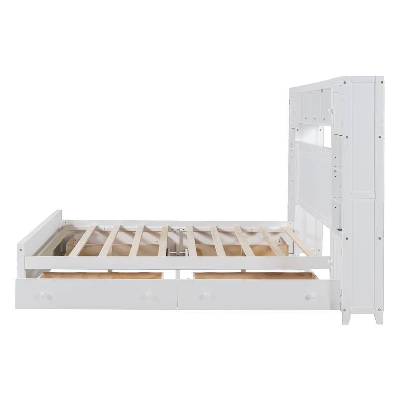 White Queen Bed with Storage Cabinet & USB Ports
