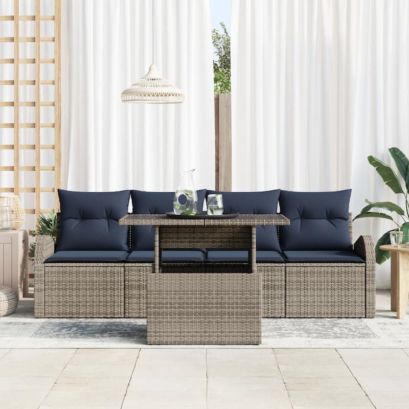 vidaXL 5 Garden Sofa Set with Cushions Black/Brown/Grey Poly Rattan - 92.1 x 24.4 x 27.2