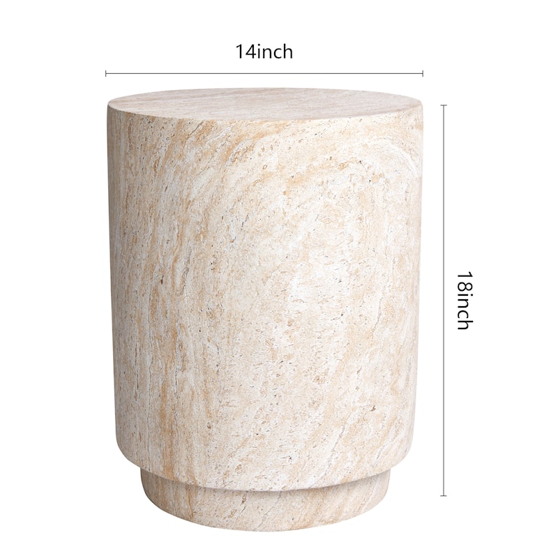 Cylinder Travertine Stone Finish Italian Design MgO Side Accent Table - 14.2"x14.2"x18.3"