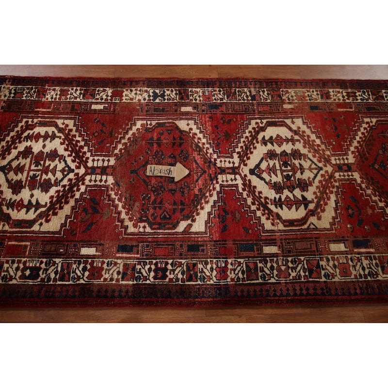 Geometric Ardebil Persian Vintage Runner Rug Handmade Red Wool Carpet - 3'9"x 13'10"