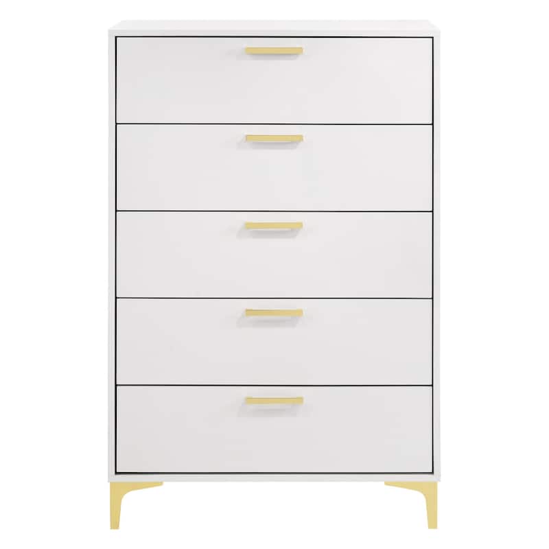 Lif 50 Inch Modern 5 Drawer Tall Dresser Chest, Gold Accents, Smooth White