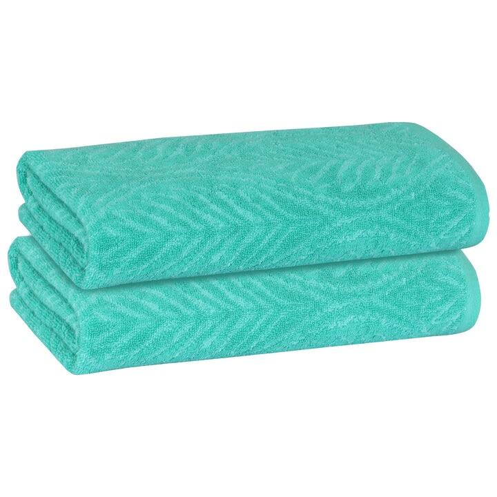 PREMIUS 2 Pack Leaf 100% Cotton Yarn Dyed Hand Towel, 16x28 Inches - 16x28 Inches - Aqua