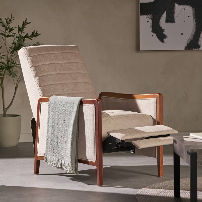 Mid-Century Fabric Push-Back Recliner with Wood Frame, Upholstered Lounge Chair for Home Theater, Single Reading Sofa Chair - Sand