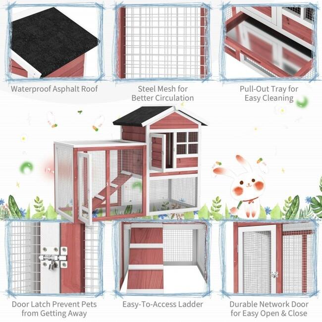 2-Story Wooden Rabbit Hutch with Running Area - 48.5" x 25" x 37" (L x W x H)