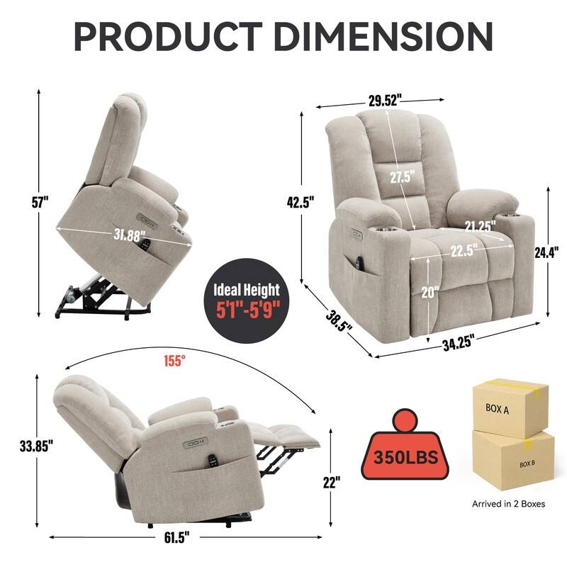 Large Power Lift Recliner with Massage & Heat - Heavy Duty Wide Recliner Chair for Elderly, USB/Type-C Charging, Cup Holders