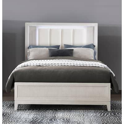 Antique White Finish Queen Bed with LED Headboard Upholstered Cushion Modern Bedroom Furniture 1pc, Reeded Fronts