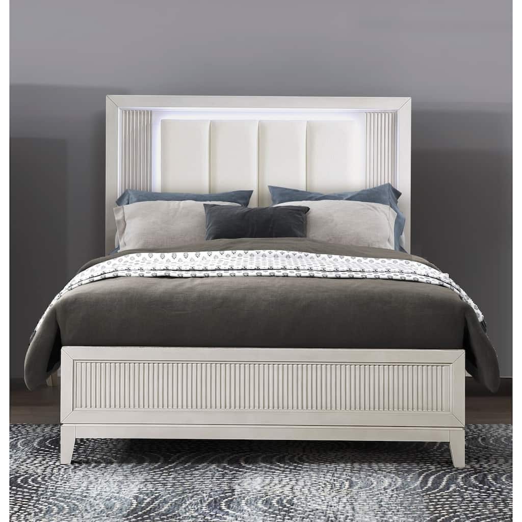 Queen Size Upholstered Panel Bed with LED Headboard, Reeded Fronts