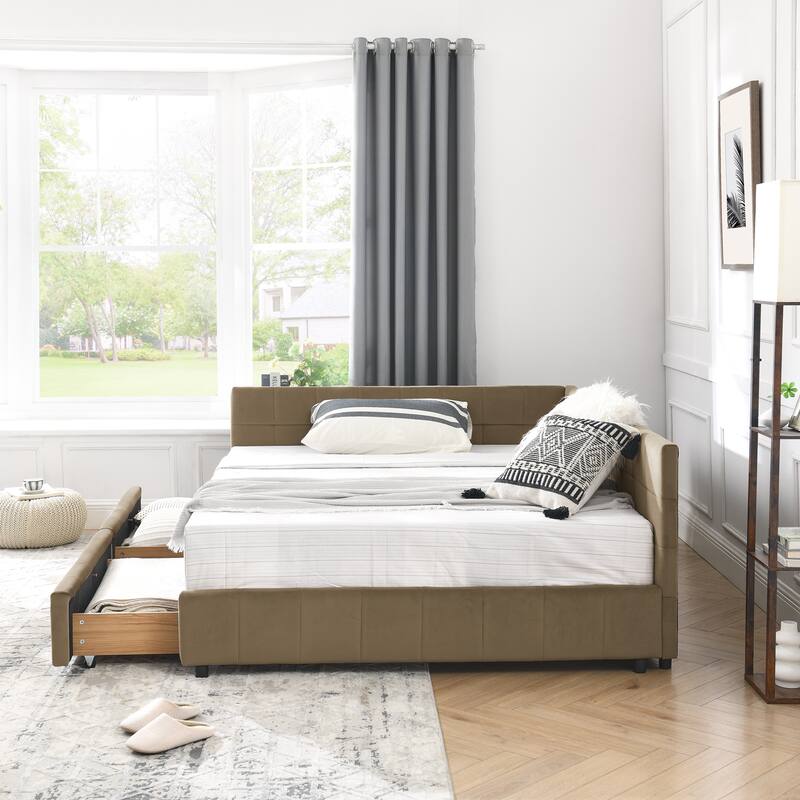Full Size Living Room Upholstered Daybed, L Shaped Tufted Bed Frame, Velvet Fabric Storage Sofa Bed Frame with 2 Drawers