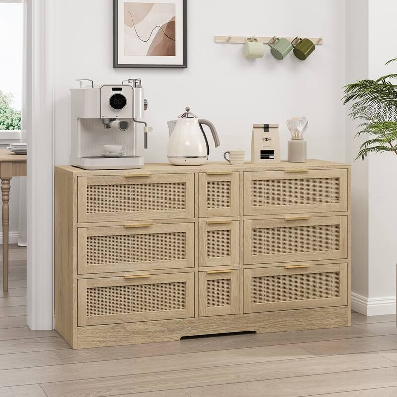 9 Drawers Rattan Locker Cabinet with Metal Handles - Natural