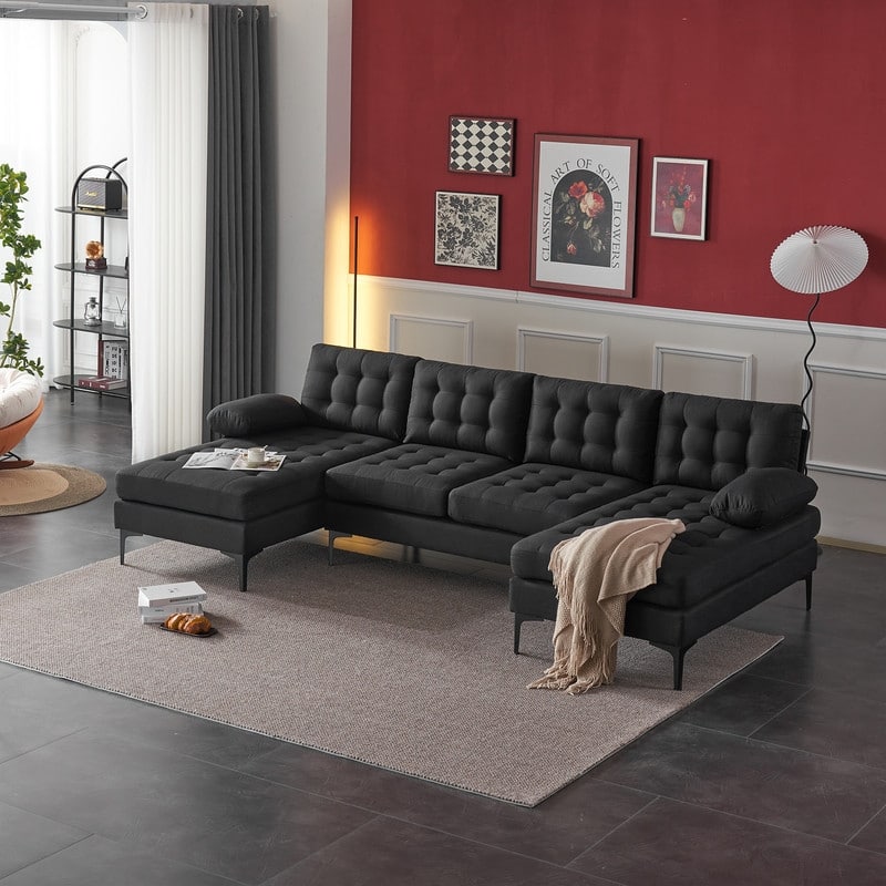 U-shaped Soft-Covered Armrest Backrest Seat Sectional Sofa Beige - Black