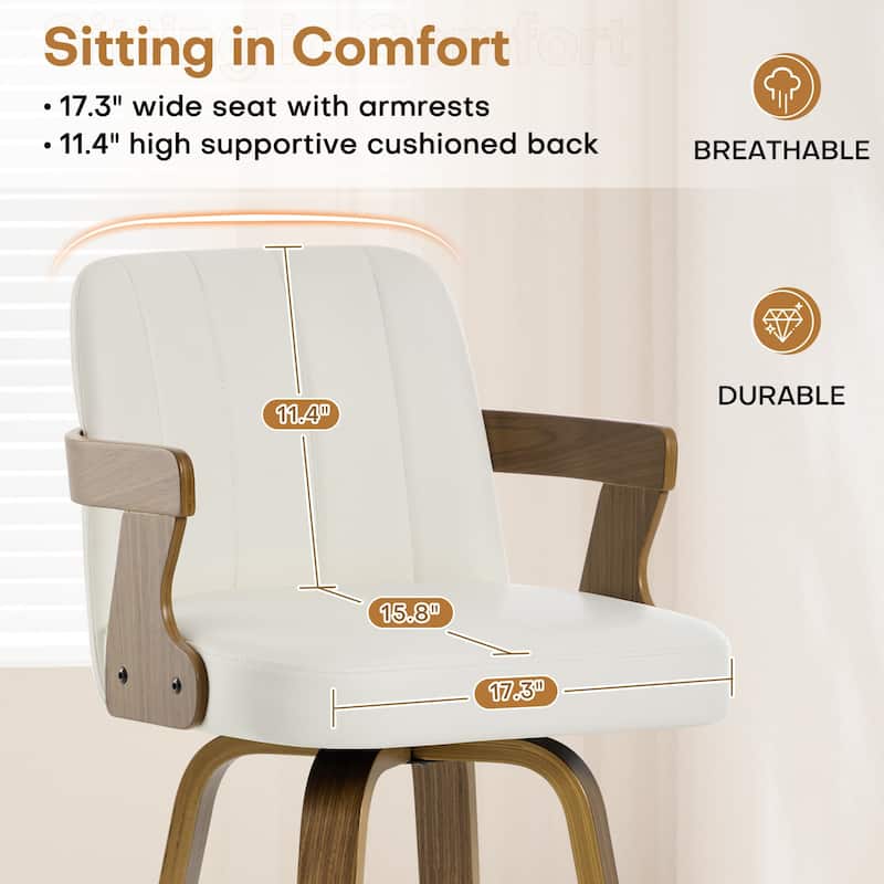 Upholstered Swivel Barstool with Arms and Bentwood Legs - 40.8"H x 18.9"W x 19.5"D/19.3"D