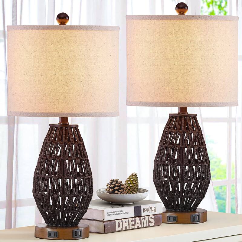 Cinkeda Table Lamp Black Rattan 3-Way Touch Dimmer USB Port(Set of 2) - 11'' x 11'' x 22.8'' (L x W x H)