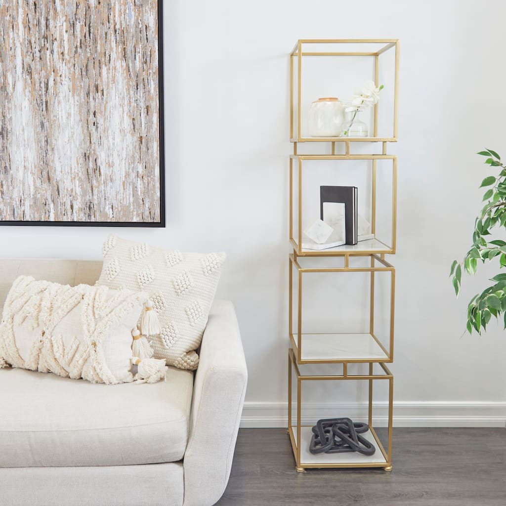 Gold Metal Cube Shelving Unit with 4 Marble Shelves