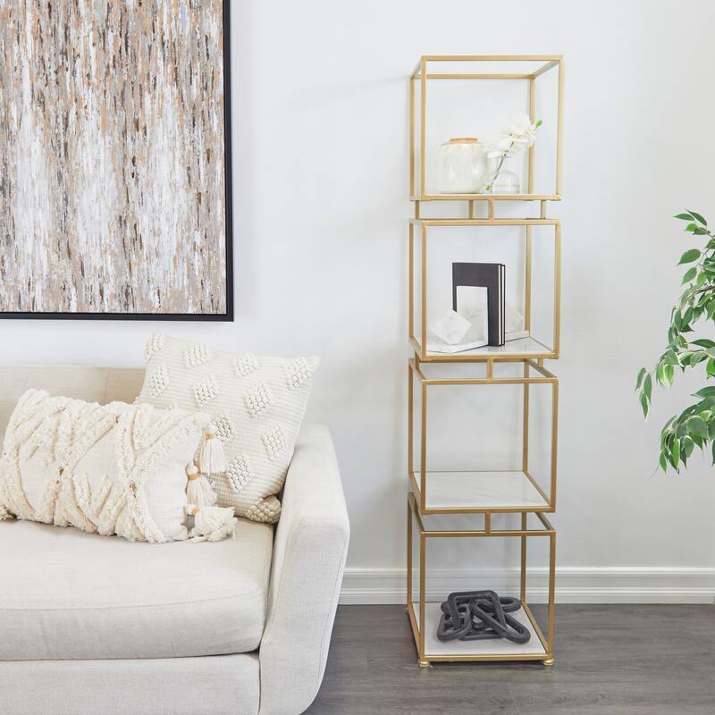 Gold Metal Cube Shelving Unit with 4 Marble Shelves - Gold