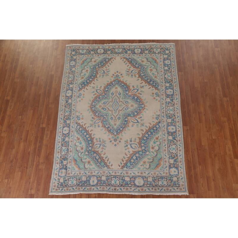 Hand Knotted Oriental 100% Wool Carpet Traditional Floral Beige & Ivories Tabriz Area Rug - 8' 8'' X 6' 5''