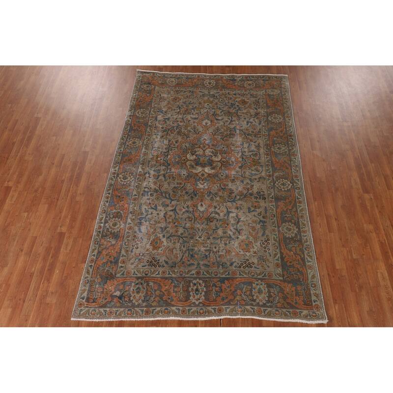 Distressed Tabriz Persian Antique Rug Handmade Floral Wool Carpet - 6'6"x 10'2"