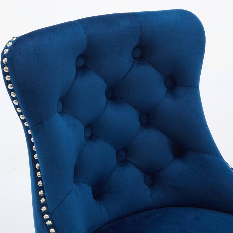 Velvet Swivel Bar Stools Set of 2, Button Tufted Bar Stools with Rivet Trim, Kitchen Stools with Metal Pull Ring & Footrest