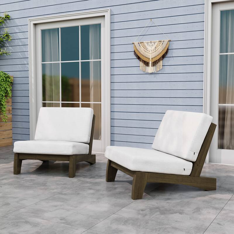 Teak Outdoor Armless Lounge Chair Set Loveseat with Cushions - 2 chairs - Beige
