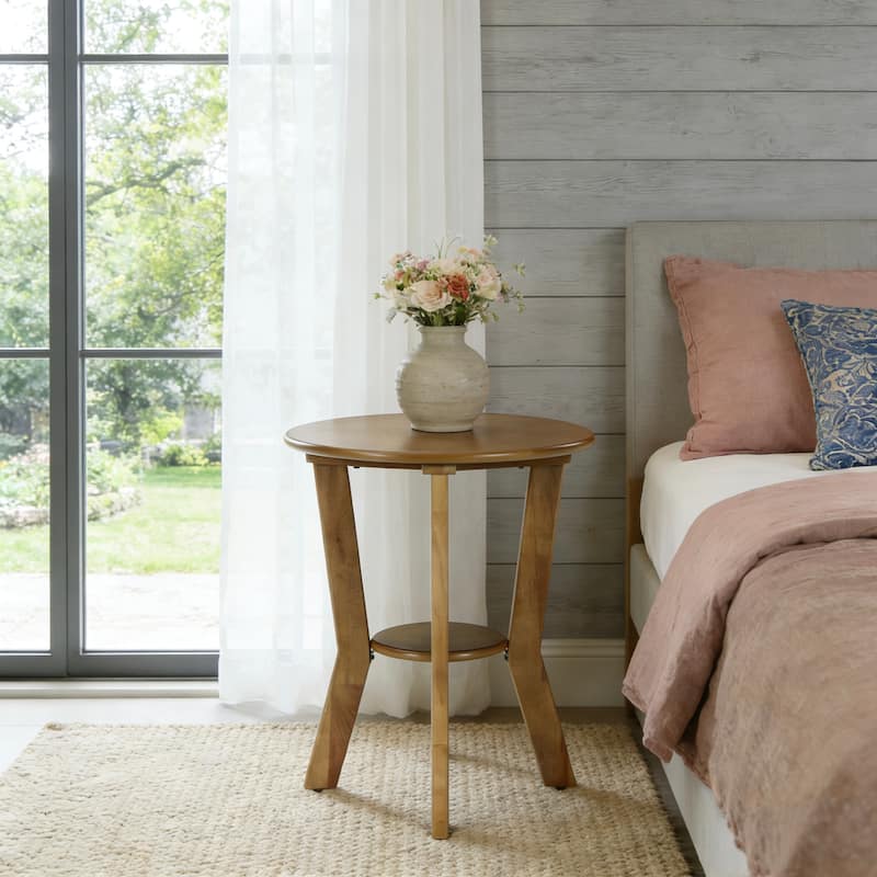 2-Tier Round Wood Side Table for Bedroom & Living Room - Brown