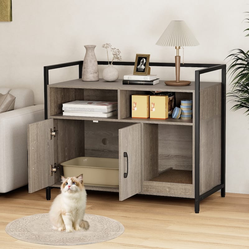 Gymax Cat Litter Box Enclosure w/ Storage Compartments Removable