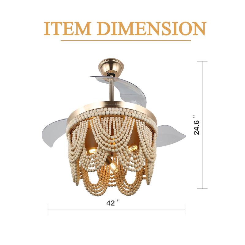 Cusp Barn 42 Inch Boho Retractable Ceiling Fan with Remote, Coastal 6 Speeds Fandelier, Farmhouse Caged Wood Beaded Ceiling Fan