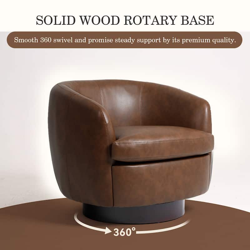 Leather Upholstered Swivel Barrel Accent Chair With Wood Base