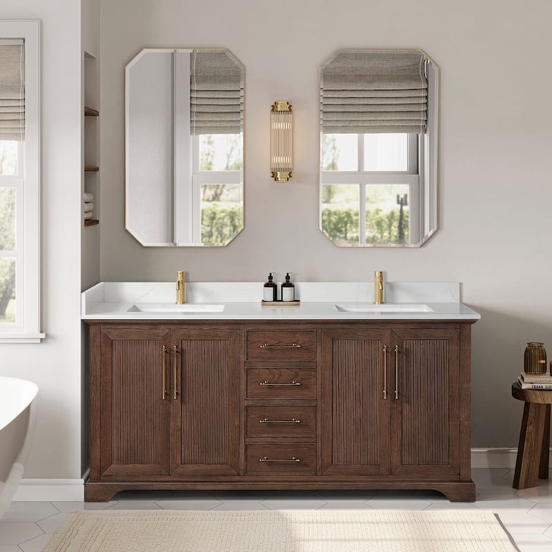 Tokyo Bath Vanity with Quartz Stone Top without Mirror - 72in. - Dark Brown Oak