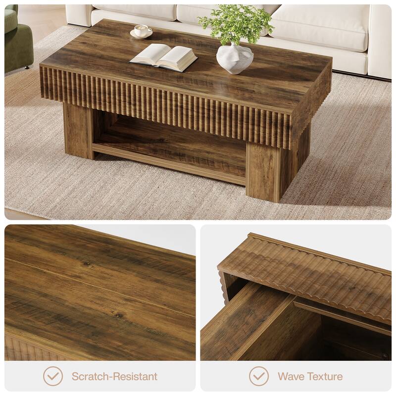 Large Wood Coffee Table with Storage, Farmhouse Rectangular Center Table with Open Shelf for Living Room