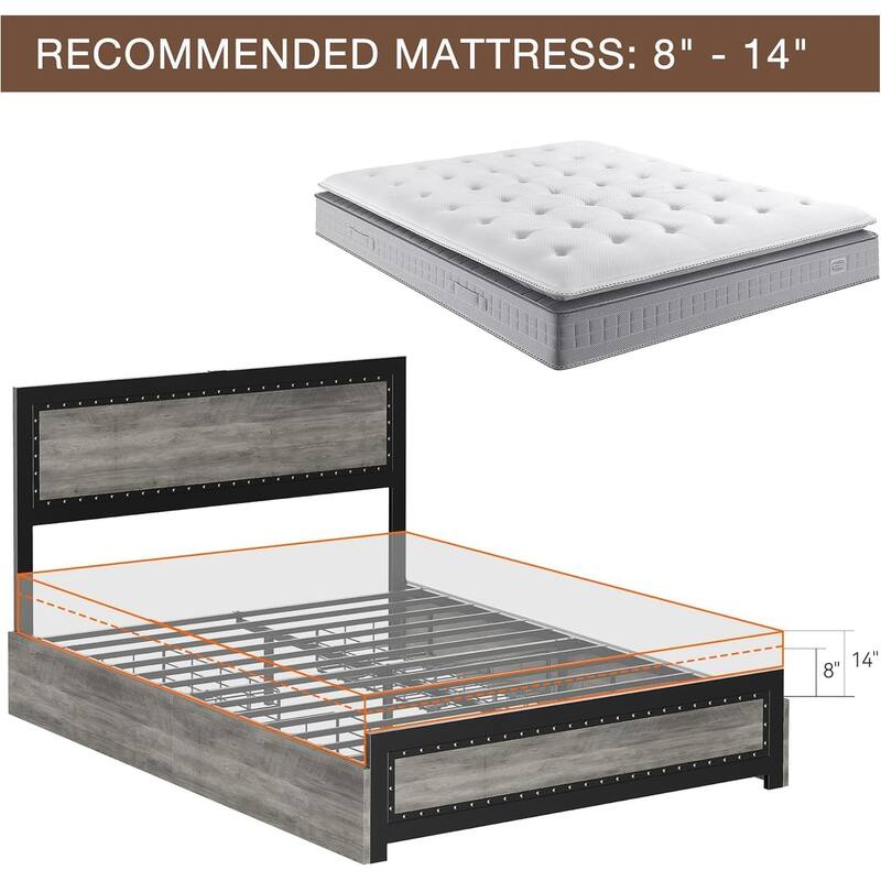 Platform Bed with Headboard, 4 Storage Drawers & Charging Station, Rivet Detail, Metal Slats, Gray