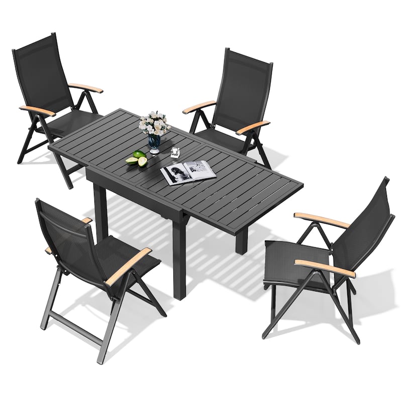 5/7/11PC Outdoor Aluminum Expandable Rectangle Patio Dining Table with Folding Chairs