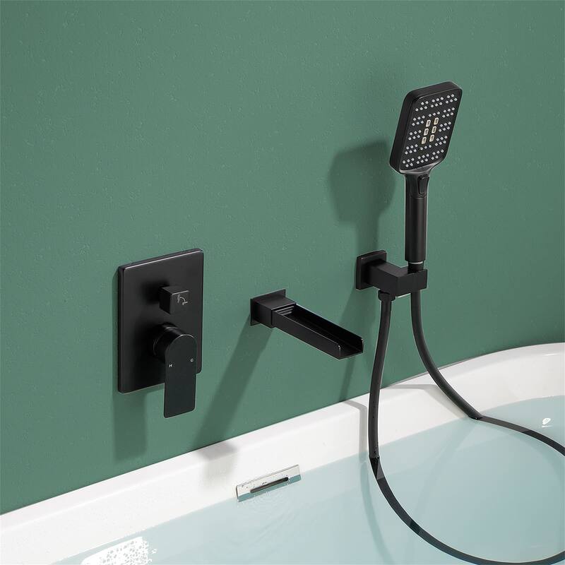 Waterfall Tub Faucet Wall Mounted Single Handle Tub Fillers with Handheld Shower Bathtub Faucet with Rough-in Valve - Matte Black