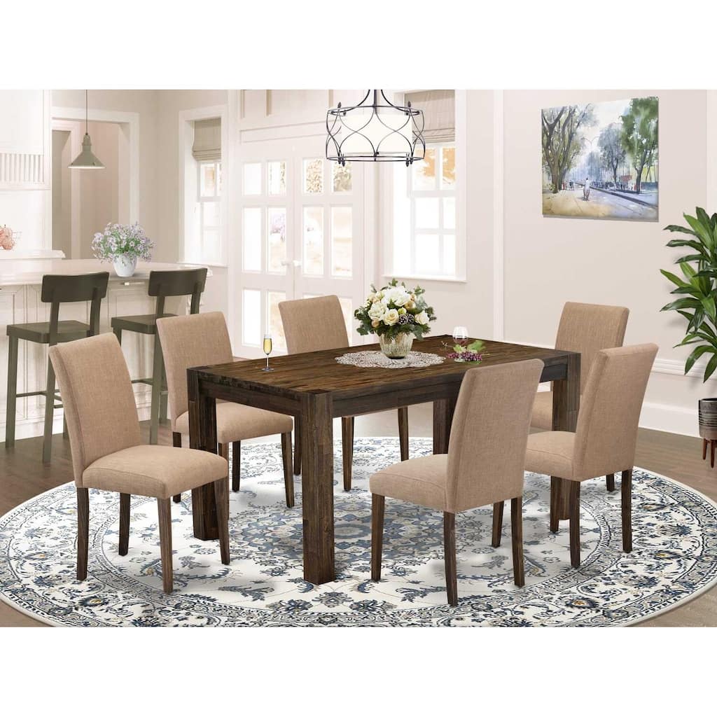 HomeStock 7-Piece Rectangle Distressed Jacobean Finish Solid Wood Top Dining Table with 6 Parson Chairs