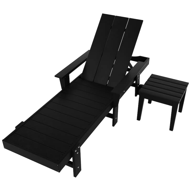 Polytrends Shoreside Modern Poly Eco-Friendly All Weather Reclining Chaise Lounge With Arms, Wheels, & Side Table (2-Piece Set)