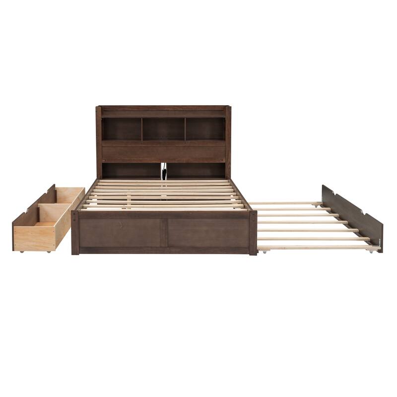 Full Size Storage Platform Bed Frame with Trundle, Drawers & Charging Station