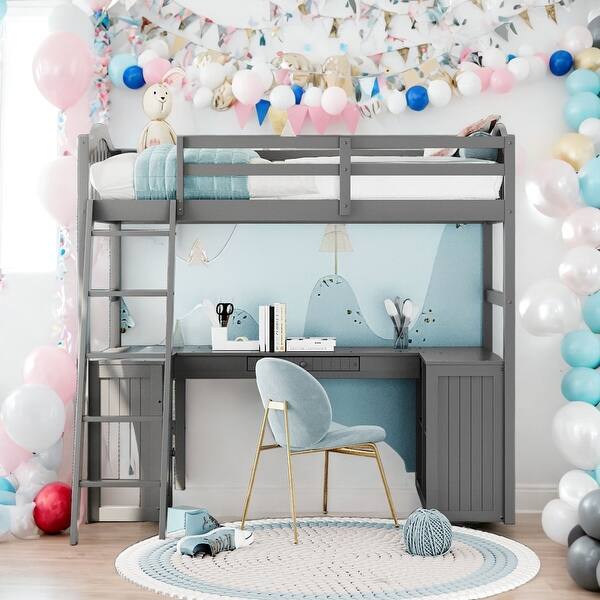 slide 2 of 10, Artsy Twin Loft Bed with Drawers, Cabinet, Shelves and Desk, Solid Construction & Versatility galore, Health and Comfort, Grey