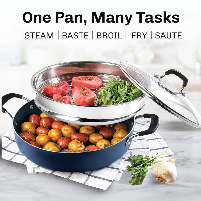 Granitestone Black 3 Piece Nonstick 5.5 Qt Everyday Pan with Lid and Steamer Insert - Speckled Multipurpose Cookware Set