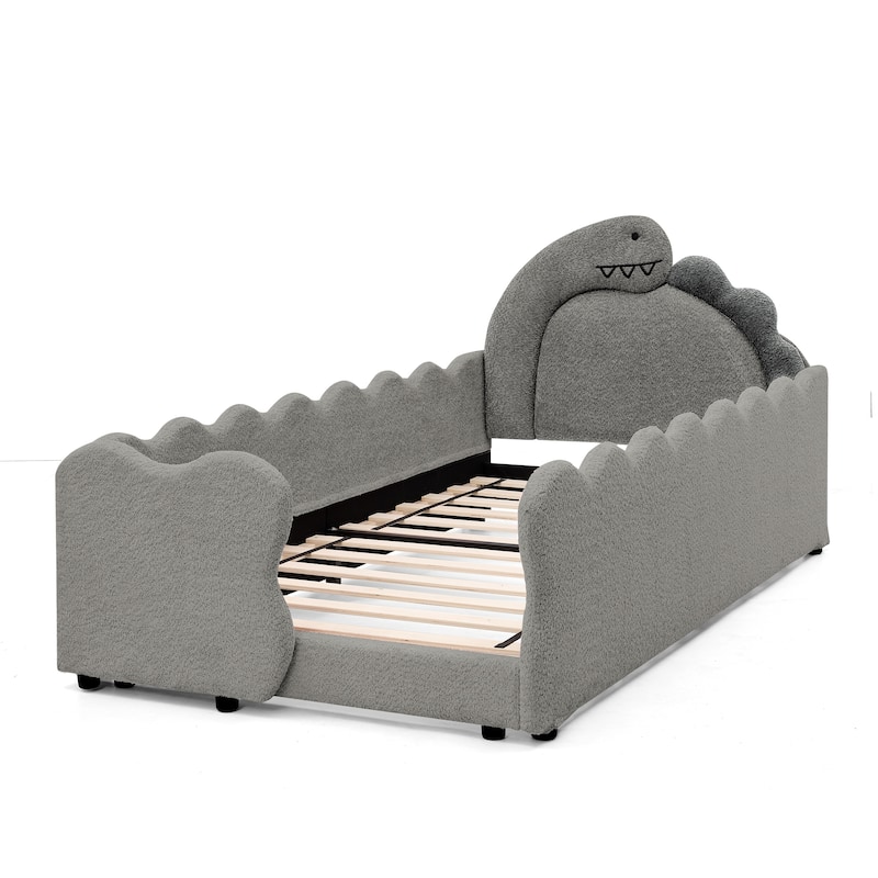 Twin Dinosaur-Shaped Kids Bed with Safety Guardrail - Solid Wood Toddler Bed Frame in Boucle Fabric