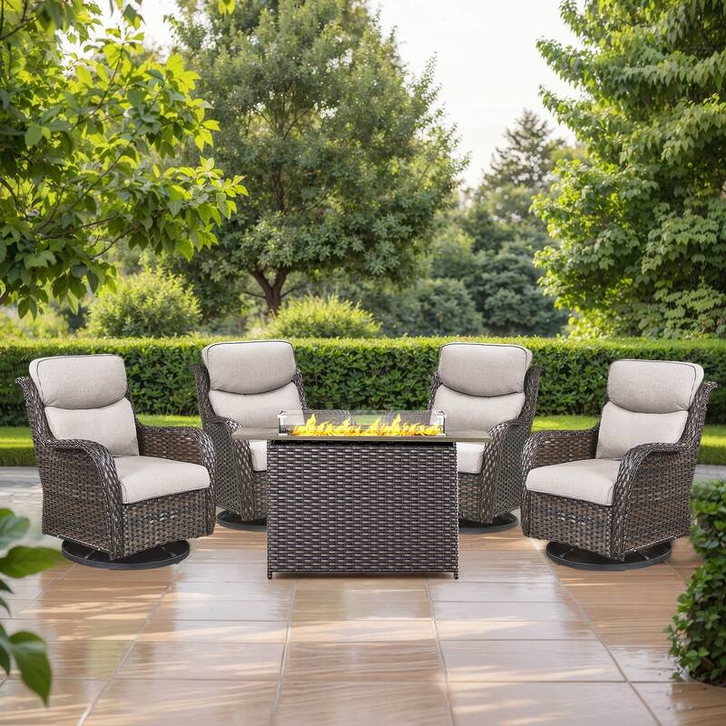 5 Pieces Outdoor Swivel Chairs Fire Pit Table with 5-Inch Thick Cushions - Brown Rattan - Beige Cushion - 5PCS Swivel Chair w/ Rectangular Fire Table