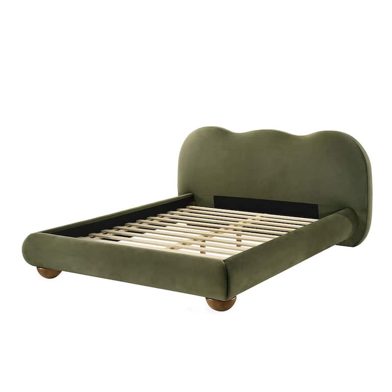 Velvet Upholstered Platform Contemporary 1pc Bed Olive Green Finish