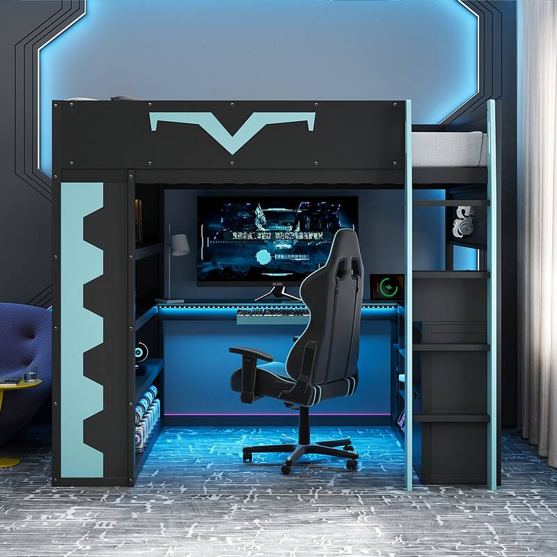 Full Size Gaming Loft Bed with Desk & RGB LED Lights, Pro-Gamer Setup with Pegboard, Keyboard Tray & Storage