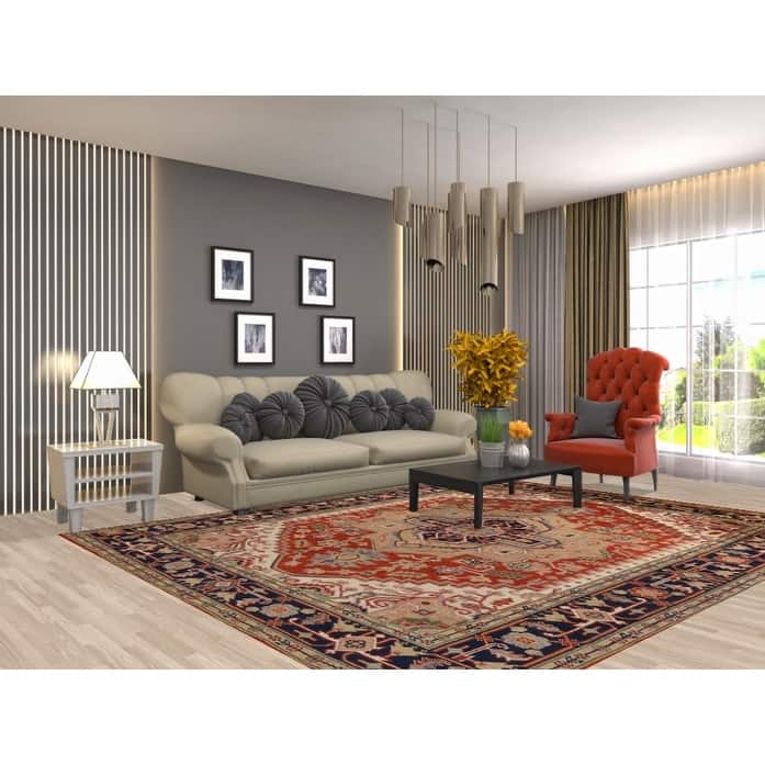 Medallion Heriz Serapi Indian Rug Hand-Knotted Oriental Wool Carpet - 7'11" x 9'9"