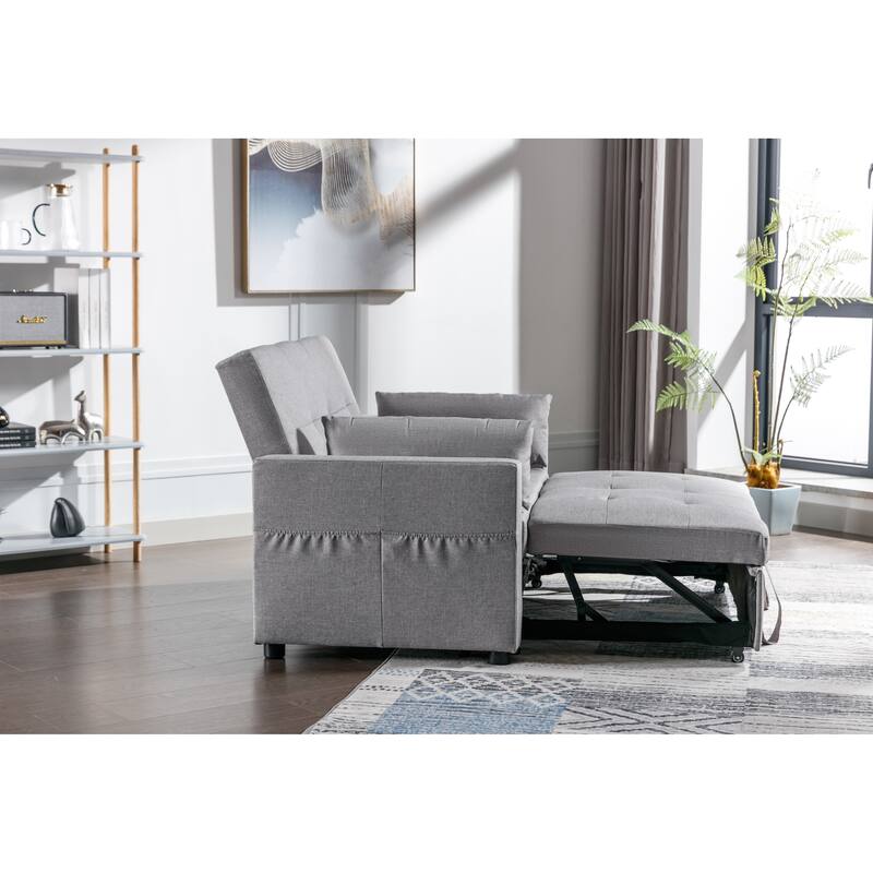 Light Grey 55.12" 3-in-1 Linen Loveseat Convertible Sofa Bed with Side Pocket and Pillows for Living Room