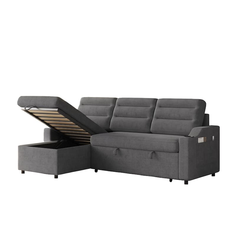 83.5" Fabric Convertible 3-Seater Sleeper Sofa with Pull-Out Bed, Recliner, Storage Pocket, and Cup Holder