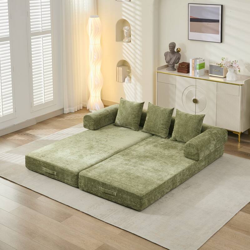 3-Tier Design Convertible Chenille Sofa Bed, Folding Sleeper Floor Sofa with Pillows, No-Assembly Modular Sofa Couch
