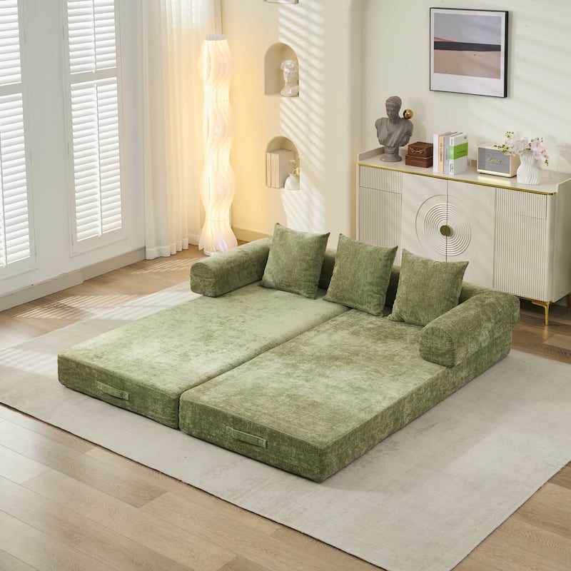Chenille Convertible Floor Sofa Bed with Armrest for Living Room